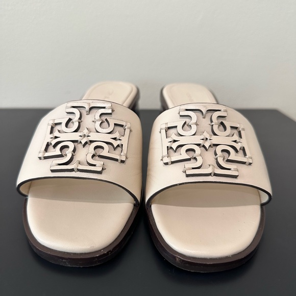 Tory Burch Block Heel Slide Sandals Creme White Brown Size US 7M - Picture 1 of 12
